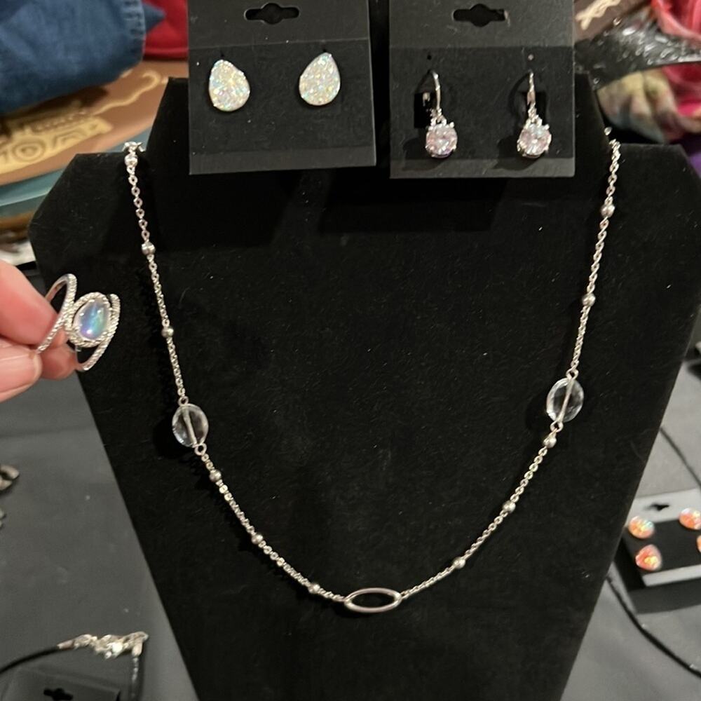 Silver Necklace unique pattern, 2 pairs of earrings and a ring